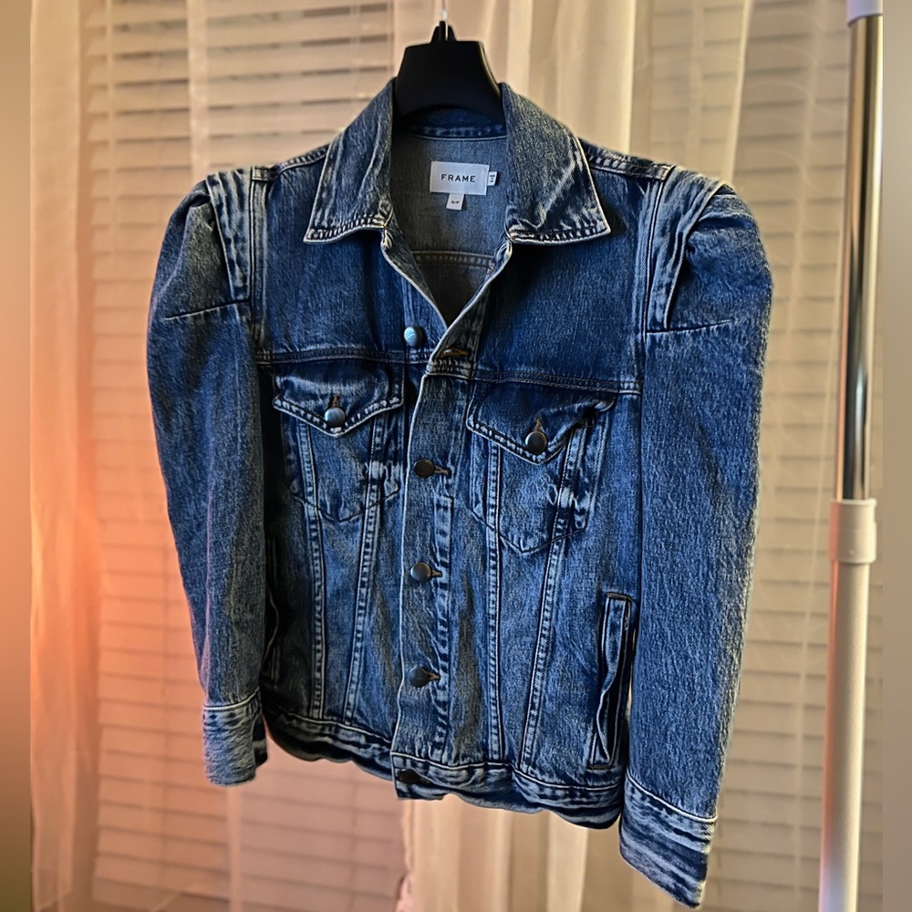 FRAME Rosette Sleeve Denim Jacket | Langton Wash | Size S